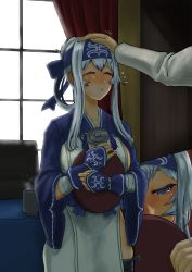 Rule 34 | 1boy, 1girl, admiral (kancolle), ainu clothes, blue eyes, commentary request, cropped jacket, dress, closed eyes, folded ponytail, headband, highres, holding, holding tray, kamoi (kancolle), kantai collection, mrdotd, multiple views, sidelocks, sleeveless, sleeveless dress, solo focus, tray, white dress, white hair, wrist guards