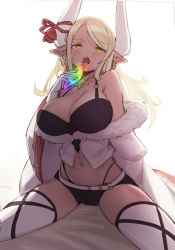 Rule 34 | 1girl, belt, blonde hair, blush, breasts, cleavage, crystal, dark-skinned female, dark skin, draph, earrings, elbow gloves, gloves, granblue fantasy, highres, horns, jewelry, kumbhira (granblue fantasy), large breasts, long hair, looking at viewer, midriff, navel, necklace, nipples, off shoulder, open mouth, parted bangs, pointy ears, short shorts, shorts, simple background, sitting, sketch, solo, thighhighs, tongue, tongue out, wariza, white background, yellowpaint.
