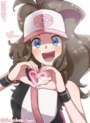 Rule 34 | 1girl, bag, bare arms, bare shoulders, baseball cap, big hair, black vest, black wristband, blue eyes, blush, brown hair, collarbone, creatures (company), game freak, hands up, happy, hat, head tilt, heart, heart-shaped pupils, heart hands, highres, hilda (pokemon), looking at viewer, mikka tsukiyo, nintendo, open clothes, open mouth, open vest, own hands together, poke ball print, pokemon, pokemon bw, shirt, shoulder bag, simple background, sleeveless, sleeveless shirt, smile, solo, symbol-shaped pupils, twitter username, upper body, vest, white background, white shirt, wide-eyed, wristband