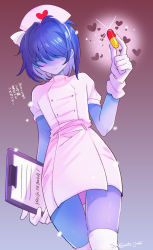 Rule 34 | 1other, blue hair, blue skin, blush, clipboard, closed mouth, colored skin, commentary request, crossdressing, deltarune, dress, gloves, hair over eyes, hat, heart, highres, holding, holding clipboard, kris (deltarune), nurse, nurse cap, pill, senjochi janai, shaded face, short hair, short sleeves, simple background, sparkle, sweat, thighhighs, translation request, trap, white dress, white gloves, white hat, white thighhighs