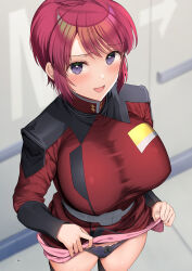 Rule 34 | 1girl, :d, asahina hikage, black panties, breasts, commentary request, gundam, gundam seed, gundam seed destiny, highres, indoors, large breasts, lifted by self, looking at viewer, lunamaria hawke, military uniform, open mouth, panties, pink hair, purple eyes, short hair, smile, solo, underwear, uniform