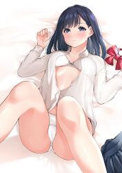Rule 34 | 1girl, black hair, blue eyes, blue skirt, blush, bow, bowtie, bra, breasts, closed mouth, commentary request, feet out of frame, hands up, highres, knees up, long sleeves, looking at viewer, lying, medium breasts, medium hair, no pants, on back, open clothes, open shirt, original, panties, red bow, red bowtie, sakura no tomoru hi e, see-through, see-through shirt, shirt, skirt, solo, underwear, unworn bowtie, unworn skirt, white bra, white panties, white shirt