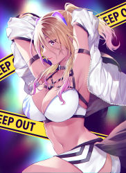 Rule 34 | 1girl, black eyes, blonde hair, blurry, blurry background, breasts, brown hair, caution tape, cleavage, gradient hair, gyaru, halterneck, highres, idolmaster, idolmaster shiny colors, izumi mei, jacket, keep out, large breasts, long hair, multicolored background, multicolored hair, navel, open clothes, open jacket, profile, purple hair, shorts, side slit, solo, sports bra, streaked hair, tongue, tongue out, white jacket, white shorts, yam (yamap mako)