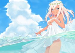 Rule 34 | 1girl, alakoala, blonde hair, blue eyes, blue sky, cloud, commentary request, cowboy shot, dress, head wreath, jewelry, kantai collection, long hair, one-piece tan, partially submerged, partially underwater shot, ring, ro-500 (kancolle), skirt hold, sky, solo, sundress, tan, tanline, underwater, water, wedding band, wedding dress, white dress