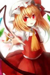 Rule 34 | 1girl, ascot, blonde hair, crystal, fangs, fingernails, flandre scarlet, hat, hat ribbon, highres, looking at viewer, maho moco, mob cap, nail, nail polish, one-hour drawing challenge, outstretched arms, ponytail, puffy sleeves, red eyes, ribbon, shirt, short sleeves, side ponytail, simple background, skirt, skirt set, smile, solo, touhou, vest, white background, white shirt, wings