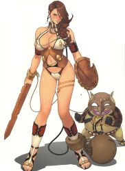 Rule 34 | 10s, 1girl, armband, ball and chain restraint, battle damage, bdsm, branwen (queen&#039;s blade), breasts, brown hair, collar, cracked sword, damaged ball and chain restraint, damaged shield, damaged sword, damaged weapon, goblin, goblin male, heterochromia, highres, large breasts, leash, legs, long hair, long legs, oda non, official art, queen&#039;s blade, queen&#039;s blade rebellion, sandals, scratched sword, shield, slave, solo focus, sword, tattoo, thighs, weapon