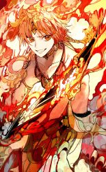 Rule 34 | 1boy, absurdres, ali baba saluja, armlet, bare shoulders, choker, earrings, fire, flaming sword, flaming weapon, gold choker, gold earrings, highres, holding, holding sword, holding weapon, hoop earrings, jewelry, looking at viewer, magi the labyrinth of magic, necklace, open mouth, orange eyes, orange hair, patterned clothing, patterned hair, smile, solo, sword, weapon, yadu nadu