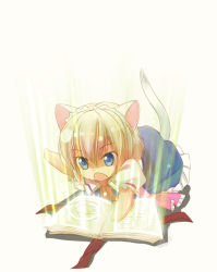 Rule 34 | 1girl, alice margatroid, animal ears, blonde hair, blue eyes, book, capelet, cat ears, cat tail, chibi, dress, grimoire, grimoire of alice, hairband, short hair, solo, tail, takatsukasa yue, touhou, aged down