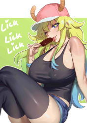 Rule 34 | 1girl, absurdres, baseball cap, black tank top, black thighhighs, blonde hair, blue hair, blue shorts, breasts, covered erect nipples, feet out of frame, food, hat, highres, horns, horns through headwear, huge breasts, kobayashi-san chi no maidragon, long hair, lucoa (maidragon), nia (nia4294), one eye closed, pink hat, popsicle, shorts, solo, tank top, thighhighs, tongue, tongue out, white fur