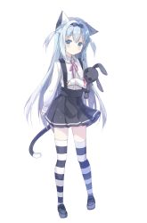 Rule 34 | 1girl, animal ears, black skirt, black thighhighs, blue eyes, blush, cat ears, cat tail, full body, highres, holding, holding stuffed toy, long hair, looking at viewer, original, silver hair, skirt, solo, striped clothes, striped thighhighs, stuffed animal, stuffed rabbit, stuffed toy, tail, thighhighs, utsumi sae, white thighhighs