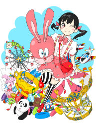 Rule 34 | 1girl, absurdres, akb48, black hair, hasuo, highres, musical note, rabbit head, satona hasuo, simple background, smile, striped clothes, striped thighhighs, thighhighs, vertical-striped clothes, vertical-striped thighhighs, watanabe mayu, white background