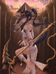 Rule 34 | 1girl, absurdres, animal ears, ankh, anklet, anubis (mythology), back, bad id, bad pixiv id, bare shoulders, barefoot, black hair, breasts, chain, collar, dress, ear piercing, egyptian clothes, egyptian mythology, extra ears, eyeshadow, facial mark, from behind, headpiece, highres, holding, holding scythe, huge filesize, jackal ears, jackal girl, jackal tail, jewelry, kerno, leg up, long hair, long sleeves, looking at viewer, looking back, makeup, multiple rings, off-shoulder dress, off shoulder, original, outdoors, pelvic curtain, piercing, ponytail, ring, scythe, small breasts, solo, standing, standing on one leg, thigh strap, thighs, weapon, white dress, yellow eyes