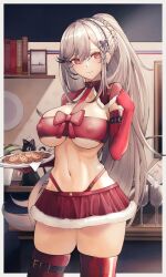 Rule 34 | 1girl, arm belt, azur lane, belt, black cat, book, border, bow, braid, breasts, cat, christmas, collar, commentary request, commission, cookie, covered erect nipples, cowboy shot, crown braid, dunkerque (azur lane), elbow gloves, food, fur-trimmed skirt, fur trim, glass, gloves, grey hair, highres, historical name connection, holding, holding plate, indoors, large breasts, linea alba, long hair, looking at viewer, midriff, miniskirt, mixed-language commentary, name connection, navel, outside border, paid reward available, photo (object), plate, purple eyes, red bow, red gloves, red skirt, red thighhighs, red tube top, skindentation, skirt, solo, standing, strapless, thigh belt, thigh strap, thighhighs, thighs, tube top, very long hair, white border, yusha m