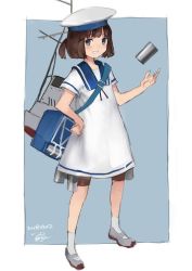 Rule 34 | 1girl, black hair, blue eyes, brown hair, daitou (kancolle), dated, depth charge, dress, full body, hat, kantai collection, looking at viewer, machinery, sailor dress, sailor hat, short hair, short ponytail, simple background, smile, solo, toka (marchlizard), twitter username, white hat