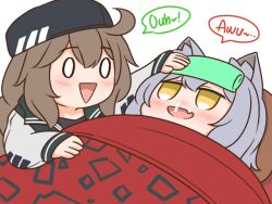 Rule 34 | 2girls, ahoge, animal ears, arknights, baseball cap, blanket, cuora (arknights), fever, green eyes, grey hair, guin guin, hand on forehead, hat, lying, multiple girls, o o, open mouth, projekt red (arknights), sick, smile, snot, towel, towel on head, under covers, wolf girl