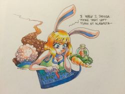 Rule 34 | 1girl, animal ears, bare arms, biorobo.t, blonde hair, blue eyes, breasts, bugs bunny, carrot, carrot (one piece), cleavage, drawfag, dress, english text, female focus, frown, furry, furry female, head rest, looney tunes, map, monster girl, one piece, parody, rabbit ears, rabbit girl, rabbit tail, short hair, simple background, sleeveless, sleeveless dress, solo, tail, traditional media, white background