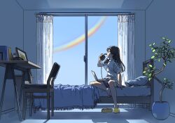 Rule 34 | 1girl, bed, bedroom, black hair, chair, chest of drawers, closed mouth, computer, desk, drawer, hand up, headphones, highres, holding, holding headphones, indoors, laptop, long hair, long sleeves, on bed, original, pillow, plant, potted plant, profile, rainbow, shirt, short shorts, short sleeves, shorts, sitting, slippers, solo, t-shirt, tree, white shirt, window, yellow footwear, yk (tnkau)
