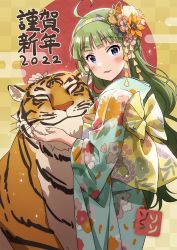 Rule 34 | 1girl, 2022, ahoge, animal, aqua eyes, blue kimono, blunt bangs, blush, chinese zodiac, floral print, flower, green hair, hair flower, hair ornament, happy new year, highres, idolmaster, idolmaster million live!, japanese clothes, kimono, long hair, looking at viewer, new year, obi, open mouth, sash, shimabara elena, smile, solo, sonsoso, tiger, wide sleeves, year of the tiger