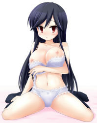 Rule 34 | 1girl, :o, a channel, bad id, bad pixiv id, bare shoulders, black hair, bra, bra pull, breasts, clothes pull, collarbone, large breasts, lingerie, long hair, looking at viewer, navel, nipples, nishi yuuko, open bra, red eyes, riki (archf), sitting, socks, solo, thighs, underwear, wariza