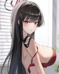 Rule 34 | 1girl, absurdres, back, black hair, blue archive, blunt bangs, blush, bra, breasts, commentary request, hair over shoulder, halo, highres, indoors, jaduade, large breasts, leaf, long hair, looking at viewer, looking to the side, open mouth, red bra, red eyes, rio (blue archive), sideboob, solo, standing, underwear, undone bra, unfastened, upper body, window, window blinds
