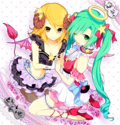 Rule 34 | 2girls, angel, angel and devil, angel wings, aoi yun, bad id, bad pixiv id, bare shoulders, bat wings, blonde hair, blush, breasts, cleavage, colorized, demon girl, dress, gloves, green eyes, green hair, hair ornament, hair ribbon, hairclip, halo, holding hands, hatsune miku, horns, kagamine rin, long hair, looking at viewer, multiple girls, navel, one eye closed, open mouth, pantyhose, pointy ears, ribbon, seiza, short hair, sitting, skirt, smile, star (symbol), tail, thighhighs, twintails, very long hair, vocaloid, white gloves, wings, wink, yellow eyes