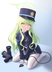 Rule 34 | 1girl, :o, armband, black footwear, black hat, black jacket, black skirt, blue archive, blue armband, blush, boots, buttons, cementite, commentary, cropped jacket, demon tail, double-breasted, full body, gloves, green hair, green halo, halo, hat, highres, hikari (blue archive), jacket, long hair, long sleeves, looking at viewer, miniskirt, no shoes, open mouth, pantyhose, peaked cap, pleated skirt, pointy ears, sidelocks, sitting, skirt, solo, tail, unworn boots, white gloves, white pantyhose, yellow eyes