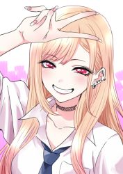 1girl, blonde hair, blue neckwear, character request, choker, commentary request, copyright request, ear piercing, earrings, eyelashes, fingernails, gyaru, happy, jewelry, kogal, long hair, looking at viewer, necktie, piercing, red eyes, shirt, smile, solo, tsukikage oyama, v, white shirt
