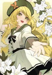 1girl blonde_hair bow butterfly_hair_ornament celine_(fire_emblem) dress fire_emblem fire_emblem_engage flower gbbgb321 green_eyes hair_ornament highres long_hair looking_at_viewer nintendo official_alternate_costume open_mouth smile solo upper_body very_long_hair