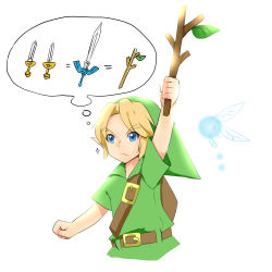 Rule 34 | 1boy, 1girl, arm up, belt, blonde hair, blue eyes, brown belt, clenched hand, commentary request, cropped torso, equal sign, fairy, fairy wings, green headwear, green tunic, highres, holding, holding stick, leaf, link, male focus, master sword, navi, nintendo, phrygian cap, short sleeves, simple background, sparkle, stick, sweat, the legend of zelda, the legend of zelda: ocarina of time, thought bubble, tunic, upper body, white background, wings, yamage yuki, young link
