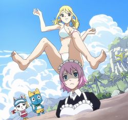 Rule 34 | 1boy, 3girls, barefoot, beach, bikini, blonde hair, blue eyes, blue sky, blush, breasts, brown eyes, cat, charle (fairy tail), cleavage, cloud, day, fairy tail, feet, full body, happy (fairy tail), highres, jumping, large breasts, lucy heartfilia, maid, maid headdress, mountain, multiple girls, nature, outdoors, pink hair, screencap, sky, standing, stitched, swimsuit, third-party edit, underground, upper body, virgo (fairy tail)