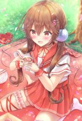 Rule 34 | 1girl, :d, barefoot, blanket, blush, breasts, brown hair, commentary request, cup, day, disposable cup, drink, flower, grass, hair between eyes, hair flower, hair ornament, hairclip, highres, holding, holding cup, long hair, maruma (maruma gic), medium breasts, open mouth, original, outdoors, petals, pink flower, pleated skirt, red eyes, red footwear, red sailor collar, red skirt, sailor collar, school uniform, serafuku, shirt, shoes, unworn shoes, short sleeves, single thighhigh, sitting, skirt, smile, solo, thighhighs, tree, twintails, very long hair, wariza, white shirt, white thighhighs, wrist cuffs