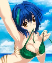Rule 34 | 10s, 1girl, artist name, blue hair, blue sky, blush, breasts, cleavage, collarbone, day, high school dxd, highres, jun12, large breasts, leaning forward, looking at viewer, mouth hold, outdoors, outstretched arm, reaching, reaching towards viewer, selfie, sky, smile, xenovia quarta, yellow eyes