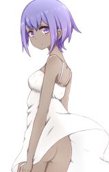 Rule 34 | 1girl, ass, blush, breasts, closed mouth, clothes lift, cowboy shot, dark-skinned female, dark skin, dress, dress lift, fate/prototype, fate/prototype: fragments of blue and silver, fate (series), from behind, hassan of serenity (fate), i.u.y, looking at viewer, looking back, no panties, purple eyes, purple hair, short hair, sidelocks, simple background, small breasts, solo, sundress, white background, white dress, wind, wind lift