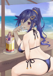 Rule 34 | 1girl, ;p, absurdres, age progression, alternate breast size, alternate hairstyle, ankokuboshi kurome, ass, beach, between legs, bikini, blue hair, blush, breast rest, breasts, breasts on table, day, eating, food, food on face, from behind, hair between eyes, hair ornament, hairclip, halterneck, hand between legs, hand up, highres, ice cream, kow (kow0117), large breasts, licking, licking finger, long hair, looking at viewer, looking back, neptune (series), one eye closed, outdoors, ponytail, purple eyes, shin jigen game neptune vii, side-tie bikini bottom, solo, string bikini, swimsuit, thighs, tongue, tongue out, very long hair