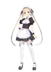 Rule 34 | 1girl, absurdres, anzu (isekai sakaba no sextet), apron, black footwear, blonde hair, blue eyes, expressionless, footwear bow, full body, high heels, highres, isekai sakaba no sextet, long hair, looking at viewer, maid headdress, name tag, official art, puffy sleeves, ribbon-trimmed legwear, ribbon trim, short sleeves, simple background, solo, standing, strappy heels, thighhighs, twintails, underbust, waist apron, white background, white thighhighs, wrist cuffs, yamacchi, zettai ryouiki