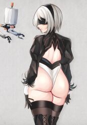 Rule 34 | 1girl, 2b (nier:automata), ass, back cutout, black blindfold, black gloves, black hairband, black thighhighs, blindfold, boots, breasts, clothing cutout, cowboy shot, from behind, gloves, grey background, hairband, highres, juliet sleeves, leotard, long sleeves, medium breasts, mole, mole under mouth, nier:automata, nier (series), pod (nier:automata), puffy sleeves, short hair, standing, tf cafe, thigh boots, thighhighs, thighhighs under boots, white hair, white leotard