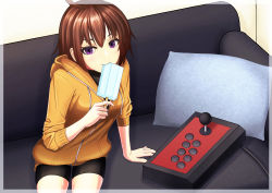 Rule 34 | 1girl, absurdres, black shorts, brown hair, controller, couch, eating, food, game controller, highres, holding, holding food, hood, hood down, hoodie, joystick, linne, looking at viewer, on couch, orange hoodie, pillow, popsicle, purple eyes, rai inase, shorts, sitting, solo, under night in-birth