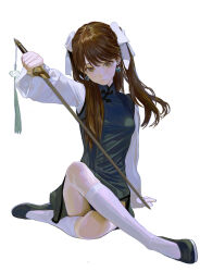 Rule 34 | 1girl, black footwear, bow, brown eyes, brown hair, chinese clothes, closed mouth, commentary, earrings, expressionless, eyeball bracelet girl (fkey), fkey, full body, hair ribbon, highres, holding, holding weapon, jewelry, jian (weapon), long hair, long sleeves, looking at viewer, original, ribbon, shirt, simple background, sitting, solo, symbol-only commentary, weapon, white ribbon, white shirt, yin yang, yin yang earrings