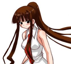 Rule 34 | 1girl, bare arms, blunt bangs, blush, breasts, brown eyes, brown hair, casual, closed mouth, dress, eyebrows hidden by hair, facing viewer, floating hair, happy, high ponytail, inaba fuyuki, long hair, looking at viewer, mahou sensei negima!, matching hair/eyes, medium breasts, necktie, ookouchi akira, ponytail, red necktie, simple background, sleeveless, sleeveless dress, smile, solo, upper body, white background, white dress