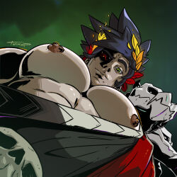 Rule 34 | 1boy, ancient greek clothes, bara, bare pectorals, black hair, foreshortening, greco-roman clothes, green eyes, hades (series), hades 1, heterochromia, large pectorals, laurel crown, looking at viewer, looking down, male focus, meme, muscular, muscular male, nipples, official style, partially shaded face, pectoral focus, pectorals, photo-referenced, puffy chest, red eyes, short hair, solo, thick eyebrows, tulmap, upper body, yur oc like this (meme), zagreus (hades)