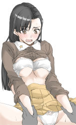 Rule 34 | 1boy, 1girl, black hair, blush, bra, breasts, brown eyes, chi-hatan military uniform, clothes lift, elf (stroll in the woods), girls und panzer, groin, highres, holding another&#039;s wrist, jacket, jacket lift, large breasts, long hair, military, military uniform, nishi kinuyo, open mouth, panties, saliva, simple background, skirt, spread legs, sweat, underboob, underwear, uniform, white background, white bra, white panties, yellow skirt