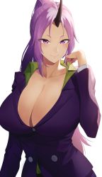 Rule 34 | 1girl, absurdres, breasts, cleavage, closed mouth, collared shirt, green shirt, high ponytail, highres, horns, huge breasts, jacket, long hair, looking at viewer, oni, oni horns, pants, ponytail, purple eyes, purple hair, purple jacket, purple pants, purple suit, rororo, shion (tensei shitara slime datta ken), shirt, sidelocks, single horn, smile, suit, tensei shitara slime datta ken, white background