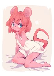 Rule 34 | 1girl, animal ear fluff, animal ears, bare shoulders, barefoot, blue eyes, covering privates, covering breasts, furry, furry female, highres, mouse ears, mouse girl, mouse girl (yuuki (yuyuki000)), mouse tail, naked towel, nude, original, pink hair, short hair, sitting, solo, tail, towel, white towel, yuuki (yuyuki000)
