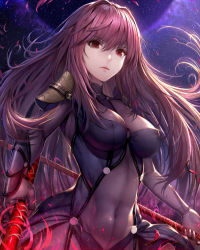 Rule 34 | 1girl, armor, bodysuit, breasts, closed mouth, commentary request, covered erect nipples, covered navel, dual wielding, fate/grand order, fate (series), gae bolg (fate), hisahisahisahisa, holding, light particles, lips, long hair, md5 mismatch, medium breasts, pauldrons, polearm, purple bodysuit, purple hair, red eyes, red hair, resolution mismatch, revision, scathach (fate), shoulder armor, skin tight, solo, source larger, spear, standing, weapon