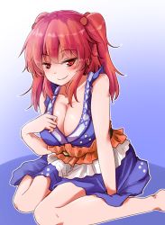Rule 34 | 1girl, bare arms, bare shoulders, blush, breasts, cleavage, closed mouth, collarbone, hair bobbles, hair ornament, highres, large breasts, long hair, looking at viewer, onozuka komachi, oshiaki, red eyes, red hair, sitting, sleeveless, smile, solo, touhou, two side up, wariza