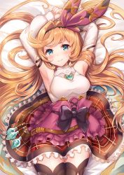 Rule 34 | 1girl, armpits, bare shoulders, bed sheet, black bow, blonde hair, bow, breasts, brown thighhighs, clarisse (granblue fantasy), clarisse (valentine) (granblue fantasy), detached sleeves, flask, granblue fantasy, green eyes, hair ribbon, hair spread out, hairband, high-waist skirt, highres, large breasts, long hair, long sleeves, looking at viewer, lying, on back, red skirt, ribbon, sakura ani, shirt, skirt, smile, solo, thighhighs, white shirt, zettai ryouiki
