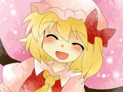 Rule 34 | 1girl, :d, ascot, bad id, bad pixiv id, blonde hair, bow, closed eyes, comic, dutch angle, embodiment of scarlet devil, female focus, flandre scarlet, gradient background, hair bow, hammer (sunset beach), hat, open mouth, short hair, side ponytail, silent comic, smile, solo, touhou, wings
