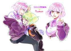 Rule 34 | arms behind back, bae (baebae), black gloves, black jacket, bound, breasts, crossover, cuffs, gloves, grabbing another&#039;s hair, green hair, gridman universe, hairstyle connection, half gloves, handcuffs, jacket, large breasts, lio fotia, male focus, pantyhose, promare, purple eyes, purple hair, purple jacket, shinjou akane, sleeves past wrists, ssss.gridman, tied up (nonsexual)