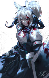 Rule 34 | 1girl, absurdres, animal ear fluff, animal ears, arknights, armor, black gloves, blood, blood on clothes, blood on face, blue scarf, breastplate, brown eyes, crack, gloves, hair between eyes, highres, horse girl, long hair, nearl (arknights), parted lips, pauldrons, ponytail, qtian, scarf, shield, shoulder armor, signature, solo, torn, torn clothes, torn scarf, vial, white background, white hair, zipper