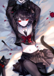 Rule 34 | 1girl, :d, arms up, artist name, bed sheet, black bow, black choker, black nails, black pantyhose, black skirt, bow, cat tail, choker, crop top, hair bow, highres, knife, long sleeves, looking at viewer, lying, midriff, miniskirt, nail polish, navel, on back, open mouth, original, pantyhose, pleated skirt, red bow, red eyes, sailor collar, sheya, short hair, signature, skirt, skirt set, smile, solo, stomach, tail, thighs, white sailor collar